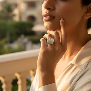Bague tendance pour femme en argent avec pierre de quartz, plaquée or rose et rhodium, pierres précieuses naturelles incrustées, bijoux cadeau pour femme - Product Image 1