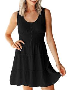 Negro Sloid liso sin mangas mujer elegante señoras suelta Maxi Mini 100% tela de rayón con cuello redondo Mujer Casual Mini vestido - Product Image 4