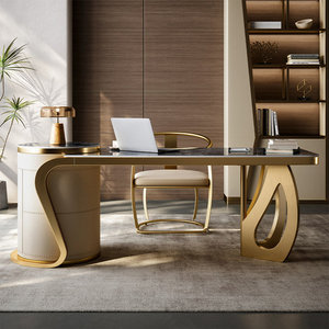 <b>White</b> Sintered Stone Executive Writing <b>Desk</b> with Gold Accents Carbon Steel Frame Abstract Curved Design 1-Year Warranty - Product Image 2