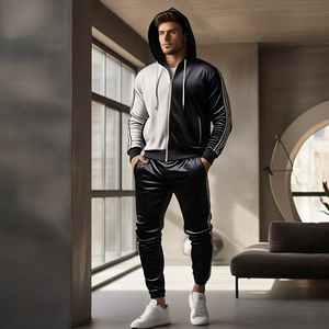 Chándales de terciopelo con cremallera para hombre, conjunto de pantalones de chándal con capucha y cremallera personalizado, chándal de terciopelo negro blanco gris para hombre - Product Image 5