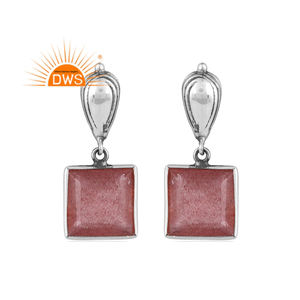 Último diseño de pendientes colgantes de piedras preciosas de cuarzo de fresa natural de plata esterlina oxidada fabricante de joyería personalizada - Product Image 1