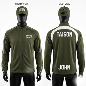 Veste d'entraînement de football en polyester premium 280 GSM, vert olive avec panneau blanc, impression par sublimation personnalisée - Product Image 1