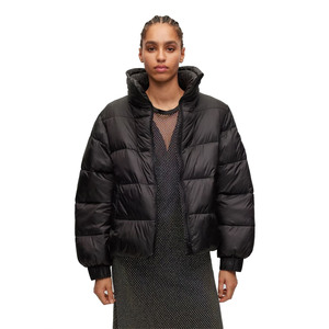 Chaqueta Corta Negra Acolchada para Mujer con Cuello Alto, Cierre de Cremallera, Manga Larga, Ropa de Invierno Informal - Product Image 1