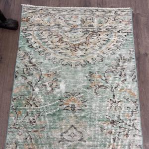2.5x9.2 ft Turkish Rug, Vintage <b>Runner</b> Rug, <b>Green</b> White Abstract Wool Rug - Product Image 4
