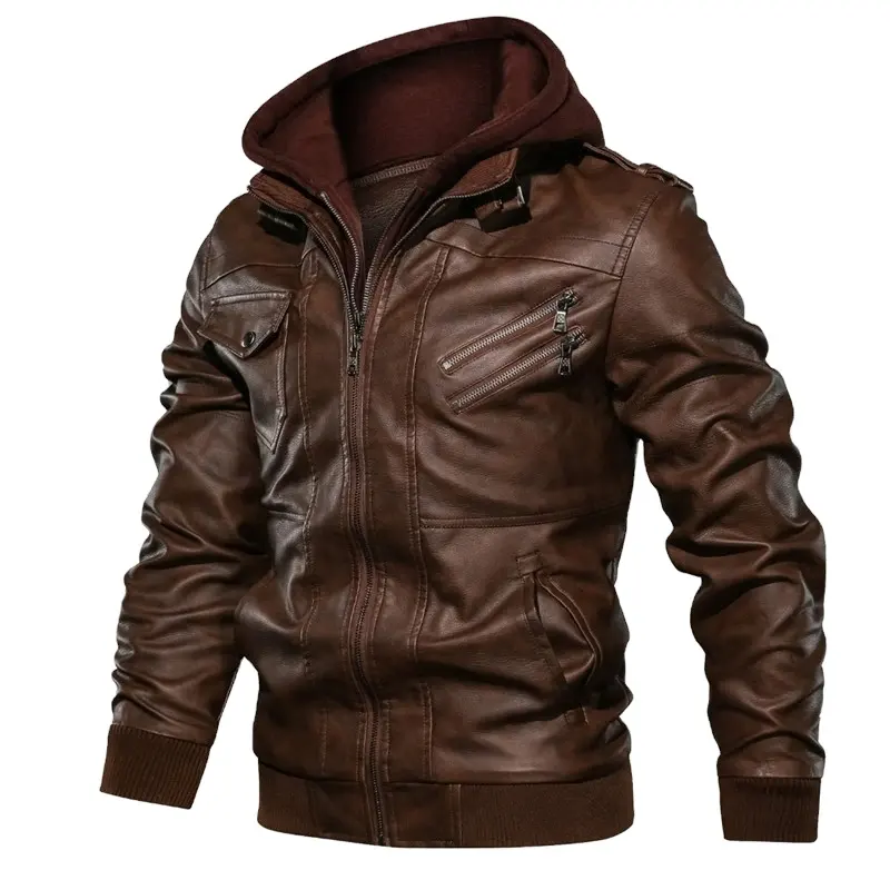 Custom Jacket With Hood Men's Factory Hot Sales Leather Jacket Men With Detachable Hooded Men's Shiny Jackets