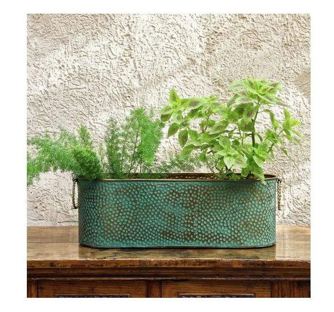 AK Brass Contemporary Luxury Aluminum Green Oval Pot Hammered Indoor Outdoor Planter Pot With Handles For Home Decoration