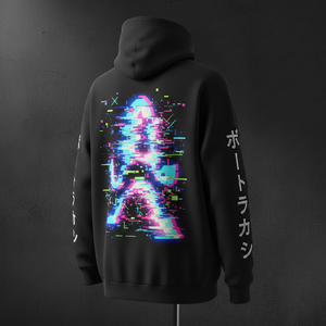 Sweat-shirt personnalisé Streetwear Jet Black pour homme, imprimé graphique néon Glitch au dos, broderie Kanji sur les manches, molleton en coton lourd - Product Image 2