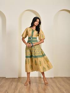 Vente en gros de robe midi de style bohème pour femmes confortable pur 100% coton main bloc imprimé floral respirant tenue décontracté - Product Image 2