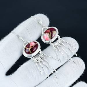 Boucles d'oreilles en pierre précieuse turquoise d'huître à pointes rouges, argent sterling 925, boucles d'oreilles à crochet faites à la main, cadeaux de Noël - Product Image 4