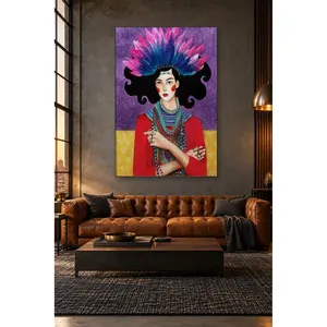 Fida, femme avec coiffe en plumes et colliers sur fond violet, impression sur toile - Product Image 5