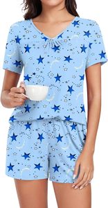 Conjunto de Pijama estampado de Star & Moos para mujer, ropa de dormir de 2 piezas azul claro, camisones y pantalones cortos cómodos de manga corta para mujer - Product Image 2