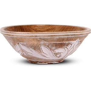 Bol de service artisanal en bois de manguier de qualité supérieure avec finition blanchie, design unique de feuille sculptée à la main, bol à salade décoratif - Product Image 1
