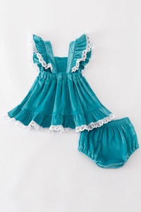 Elegante Terciopelo Azul girasoles bordado lavable 100% poliéster vestido de bebé conjunto de manga larga Top pantalones a juego para bebé - Product Image 6