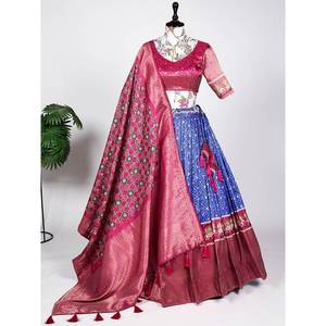 Vestido de Noche Lehenga Choli de Seda Jacquard Azul Magnético con Estampado Digital para Bodas - Product Image 1