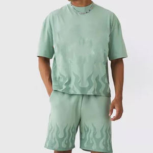 Ensemble T-shirt et short délavés à l'acide de haute qualité pour hommes, coupe ample, respirante en coton épais, sérigraphie grande taille - Product Image 2