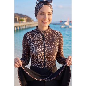 Maillot de bain modeste style burkini à imprimé léopard, demi-zip sur le devant, jupe intégrée, taille haute, avec logo personnalisé disponible, disponible en tailles XXS XS M L XL - Product Image 4