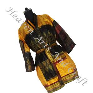 KS001 Beautiful Vintage Silk Sari Floral Jacket Bohemian Winter Short Hand Made With Belt Closer Vintage Sari Kimono Short - Product Image 6