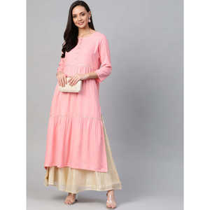 Elegante Rosa rayón Slub escalonado Kurta para mujer blusa y camisa elegante para mujer - Product Image 5