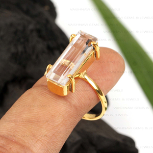 Trendy 925 Sterling Silver Rectangle Shape Ring <b>Clear</b> Crystal Quartz 18K Gold Plated Vermeil Statement Rings for Weddings - Product Image 2