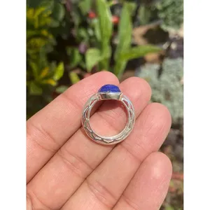 925 Silver Statement <b>Ring</b> with Pear Cut Lapis Lazuli Bezel Set Rhodium Plated Geometric Pattern Everyday Wear - Product Image 2