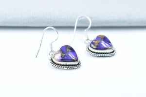 Boucles d'oreilles pendantes en forme de cœur en argent sterling avec pierre précieuse naturelle turquoise et dahlia violet faites à la main, unisexes, pour mariages, fêtes, cadeaux, occasions spéciales - Product Image 3