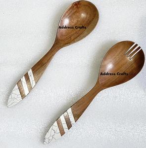 Serveur à salade en bois avec manche en nacre Lot de 2 cuillères à salade en bois et vadrouille faites à la main Fourchettes Ustensiles de cuisine - Product Image 4