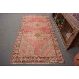 Tapis Vintage Turc Bohème Rouge Beige 3.8 X 7.6ft Grande Surface Patchwork Design Laine Latex pour Couloir Chambre Tapis Rectangulaire - Product Image 1