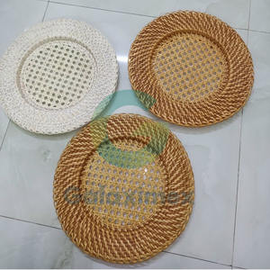 Plaque de chargement en rotin de couleur miel, assiettes rondes de mariage, tapis tissé, chargeurs de dîner jaunes, Design en bambou, assiettes de chargement tissées - Product Image 5