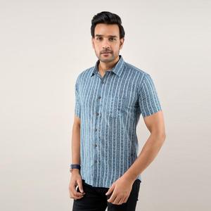 Chemise décontractée rayée bleu marine 100 % coton pour homme, coupe classique, en popeline respirante, idéale pour l'été et les tenues professionnelles formelles, pièce unique - Product Image 2