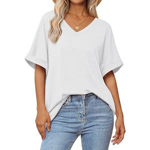 <b>Women's</b> Summer Hot Style Solid <b>White</b> Color Short Sleeve V-Neck Custom Printed <b>T</b>-<b>Shirts</b> Hot Summer Fashion Blank <b>T</b>-<b>Shirts</b> - Product Image 1