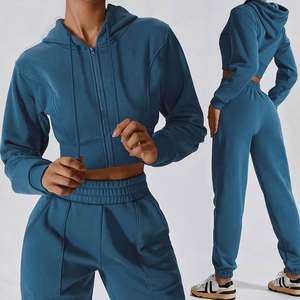 Women Winter <b>Clothes</b> Fitness Full Zip Cropped Top With Hood Loose Straight Leg Jogger Pants Fleece Hoodie Sweatpants Set - Product Image 4