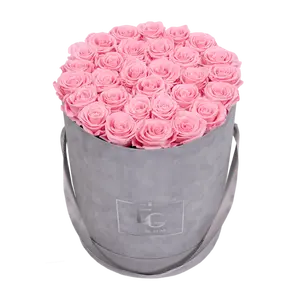 Boîte en papier cadeau de mariage personnalisée en daim gris de luxe boîte ronde en carton velours fleur Rose boîtes avec poignée de ruban