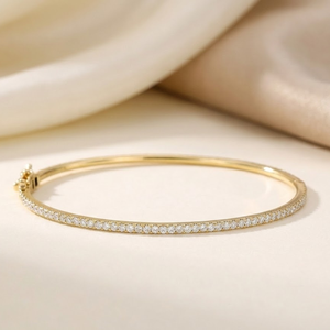 <b>Solid</b> 18k Yellow <b>Gold</b> Natural Genuine Diamond Thin Stackable <b>Bangle</b> Round Brilliant Cut Pave Setting Everyday Fine Jewelry - Product Image 1
