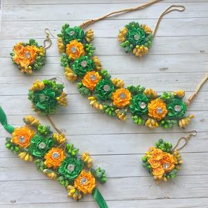 Ensemble de bijoux Mehndi pakistanais islamique pour mariée, floral, multi-couches, perles, tendance, fait à la main, collier, bague, boucles d'oreilles, Tikka - Product Image 1