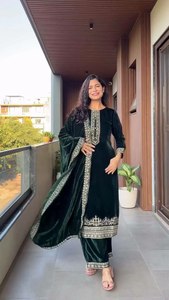 Nuevo Catálogo, Traje Salwar Tradicional Simple y Elegante con Cuello en V, Ligero, de Piel Sintética, Multicolor, para Mujer, para Fiestas y Eventos - Product Image 2