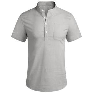 Moda transpirable suelta básica bolsillo Top verano hombres Casual Stand Collar Color sólido manga corta Algodón ligero camisas - Product Image 5