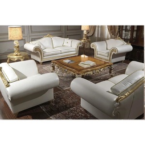 Ensemble de canapés de luxe pour salon en or blanc poli Meubles classiques pour salon en bois sculpté en or Ensemble de canapés antiques en forme de feuille d'or - Product Image 1