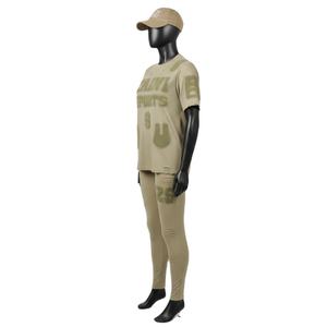 Conjunto de camiseta y leggings de malla ligera para mujer, 180 GSM, poliéster y spandex que absorbe la humedad, paneles con logo en relieve, conjuntos para mujer - Product Image 4