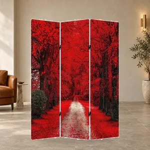 Pantalla Plegable de Lona de Doble Cara con Diseño de Bosque de Hojas Rojas - Product Image 3