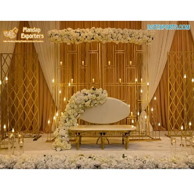 Hermoso telón de fondo de boda asiática, escenario de recepción nupcial, paredes de velas de Metal, color dorado, increíble