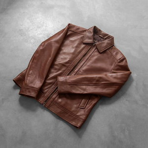 Chaqueta de Cuero Clásica con Cuello para Hombre, Color Marrón, con Cierre, Estilo Casual para Uso Diario, Prenda Exterior de Cuero Genuino, Diseño Simple y Elegante - Product Image 5