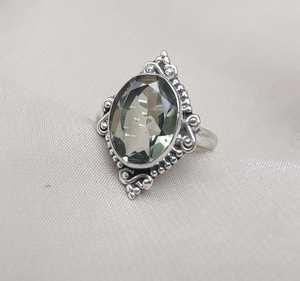 Vintage Green Amethyst 925 Sterling Silver Ring Faceted Oval <b>Boho</b> Statement Ring - Product Image 1