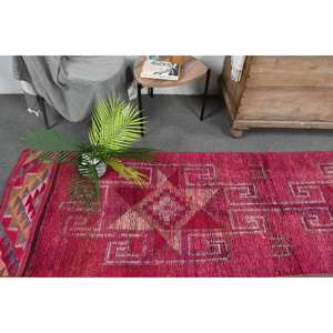 Ethnic Red Pink 2.6x10.1ft Wool <b>Rug</b> Turkish Large Area <b>Boho</b> Style Patchwork Pattern for Hallway Room 10mm Latex for Bedside - Product Image 2