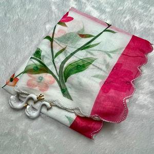 Nuevo Sari de Lino Suave con Bordado de Espejo y Aari, Borde Festoneado Calado para Mujer - Product Image 1