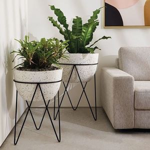 Modern Concrete Flower <b>Pot</b> <b>Stand</b> with Black Metal Legs for Indoor Plant Display Minimalist Design Glazed Finish - Product Image 1