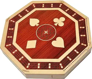 Papan Cribbage kayu 4 jalur terus-menerus dengan laci tekan, Cribbage bentuk oktagon, Penyimpanan tersedia untuk menyimpan kartu dan pasak (11"