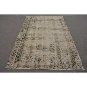 Alfombra Turca Vintage Beige Azul 5,2 X 7.6ft Lana Hecha A Mano con Pelo de Felpa Altura Forma Rectangular Patrón Abstracto para Dormitorio - Product Image 1