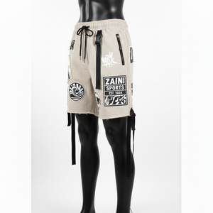 Short de bain homme personnalisé en patchwork, tissu coton épais 300 GSM, détail sangle à boucle, ourlet brut vieilli, beige - Product Image 4