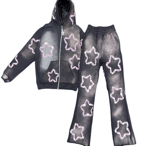 2025 nueva llegada Unisex mejor invierno Sun Fade impreso cremallera sudaderas con capucha y pantalón acampanado dentro de seda algodón polar trajes de chándal - Product Image 6