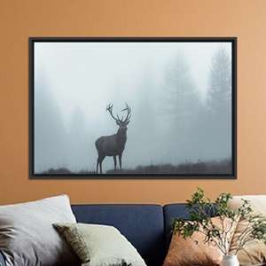 Art mural Misty Forest Deer - Œuvre d'art minimaliste imprimée sur toile, toile encadrée noire - Product Image 1